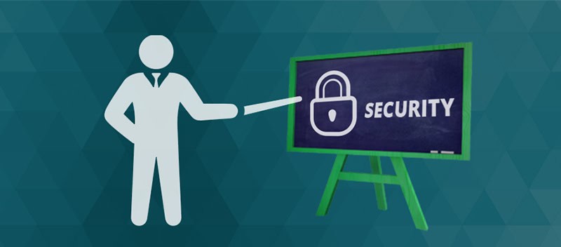 A stick figure points at a chalkboard on an easel displaying a padlock icon and the word "SECURITY," illustrating the importance of cybersecurity for small business.