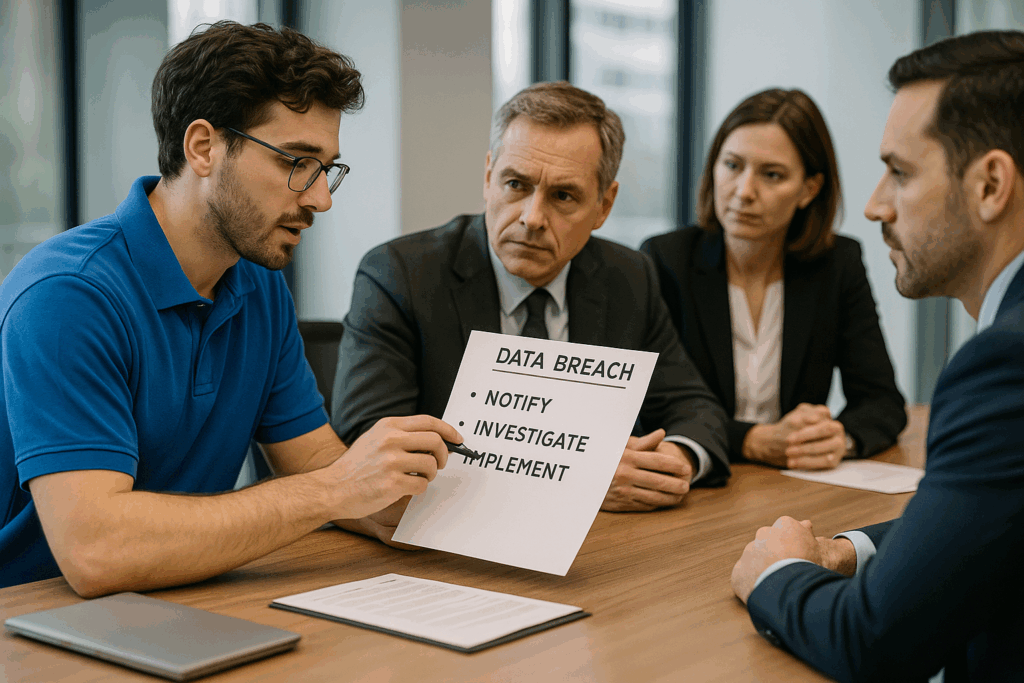 A man in a blue shirt shows a "Data Breach" document to three colleagues in a meeting room, outlining steps—Notify, Investigate, Implement—in line with Rhode Island data breach law.