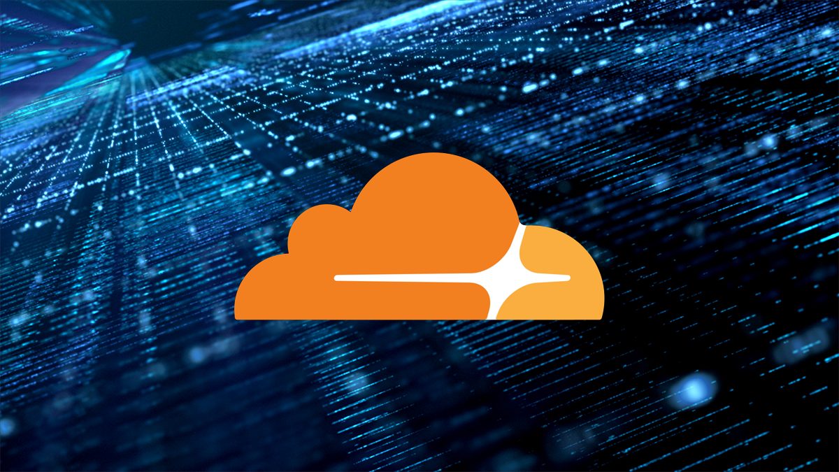 An orange Cloudflare logo is centered over a digital background of blue, glowing lines and dots.