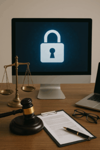 A computer displaying a padlock icon sits on a desk with legal scales, a gavel, and documents, highlighting themes of cybersecurity and law amid evolving 2025 data privacy laws and efforts to prevent email spoofing.