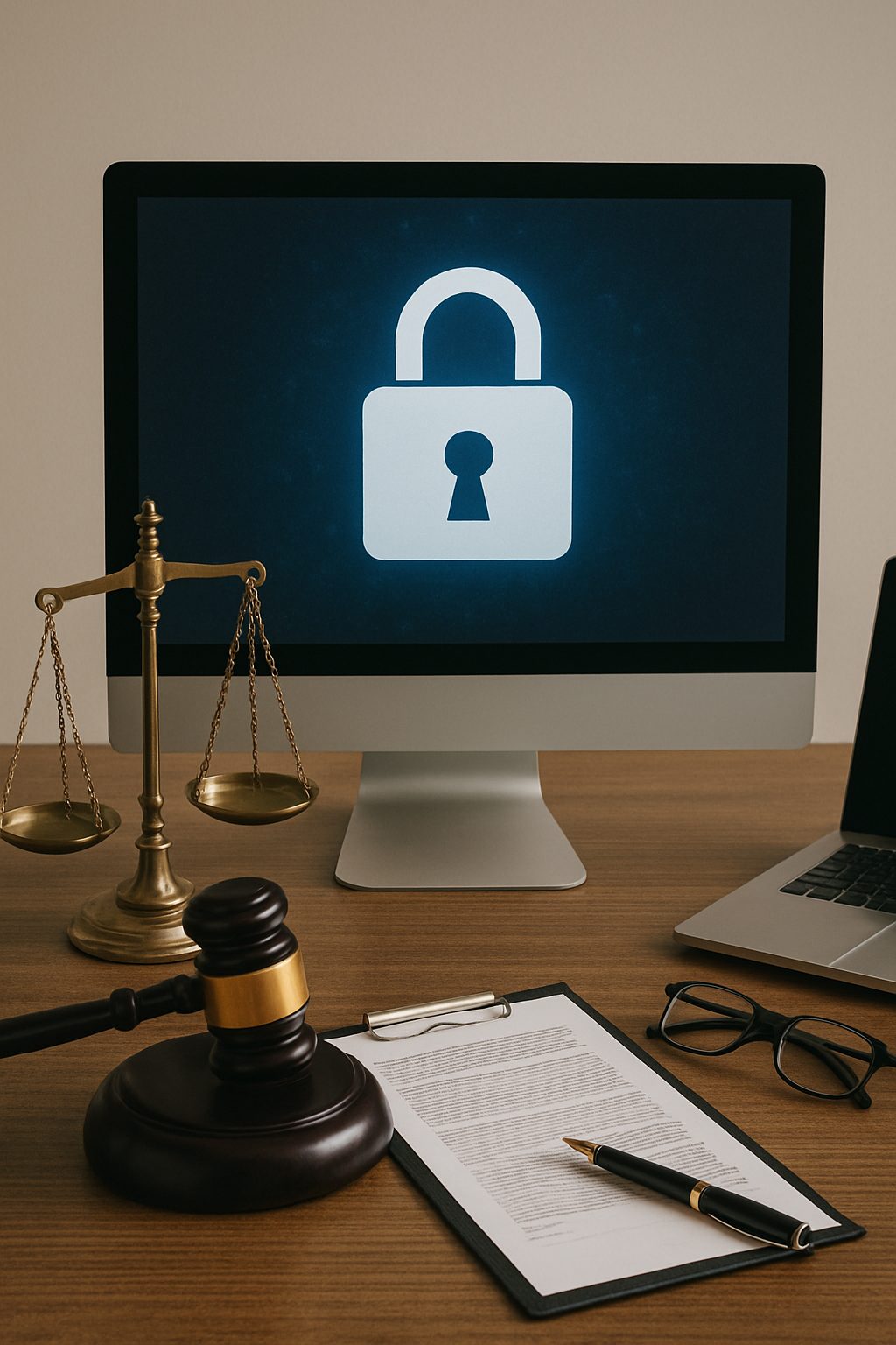 A computer displaying a padlock icon sits on a desk with legal scales, a gavel, and documents.