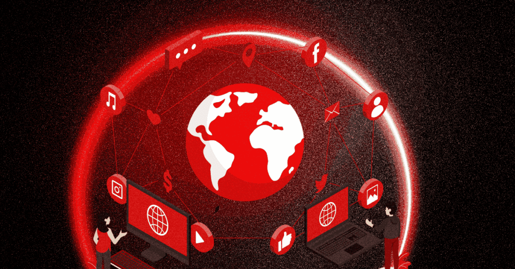 Illustration of a glowing red Earth surrounded by social media and internet icons, with two people using laptops at the bottom corners, highlighting measures like transferring your domain to Cloudflare for DNS security.