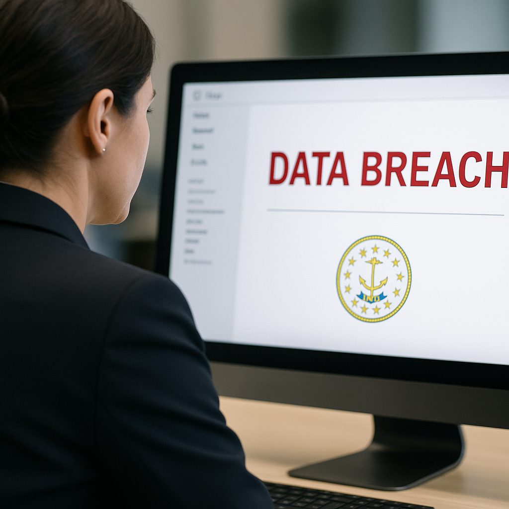 A person viewing a computer screen displaying "DATA BREACH" alongside an official seal, highlighting a Rhode Island Data Breach.