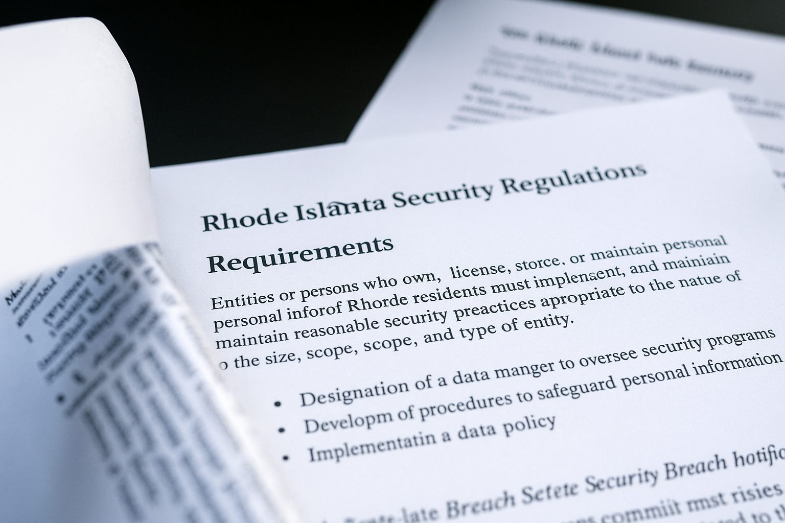 Close-up of a document titled “Rhode Island Security Regulations,” outlining requirements for data management.