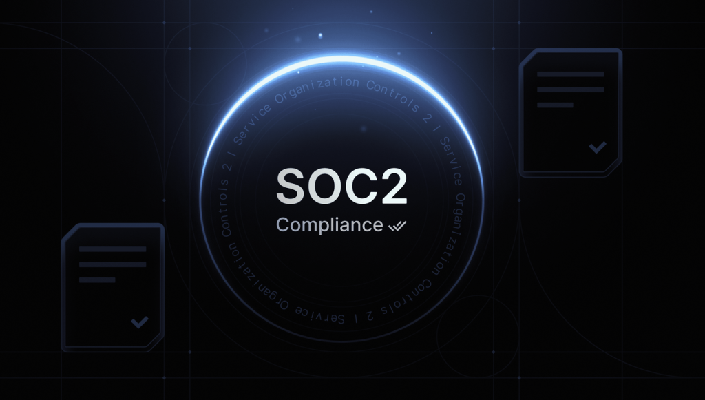 SOC 2 Compliance badge with checkmark, Service Organization Controls 2, icons, cyber security, data security, IT and network firewall.