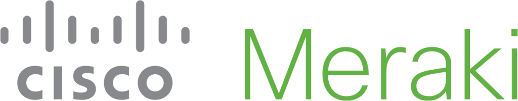 Cisco Meraki logo, "cisco" gray with bars above, "Meraki" bold green—secure network firewall & cyber security for SMB IT support.