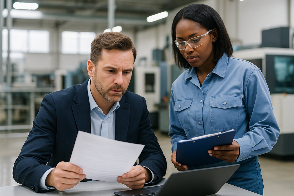 A man in a suit reviews documents with a woman in safety glasses, both focused on cyber security, data security, and network firewall compliance.