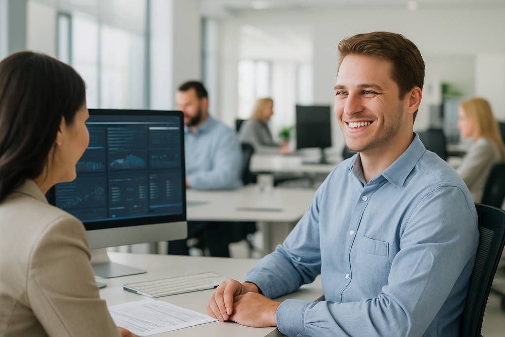 A man in a blue shirt and woman discuss cyber security, data compliance, and IT security at a bright office desk, with charts displayed.