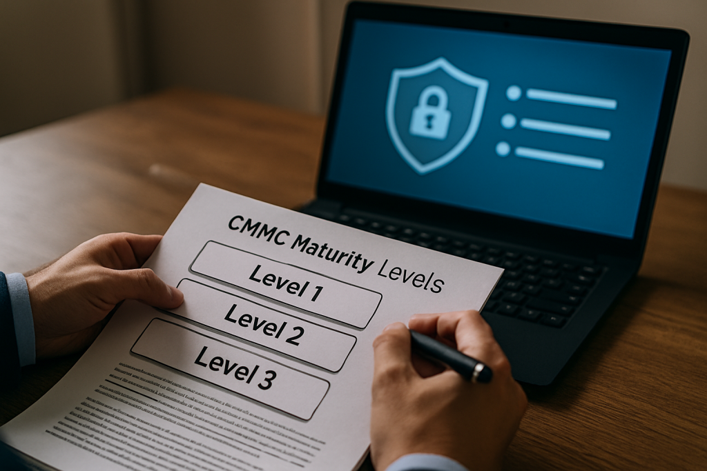 Person holds "CMMC Maturity Levels" sheet before laptop with security shield, showing IT security, firewall, and data compliance steps.