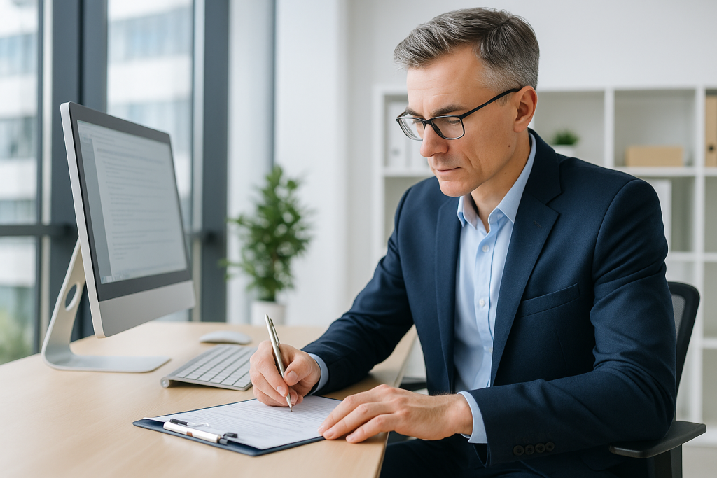 A man in a suit reviews documents at a desk with a monitor, showing cybersecurity, IT security, and data compliance in an office.