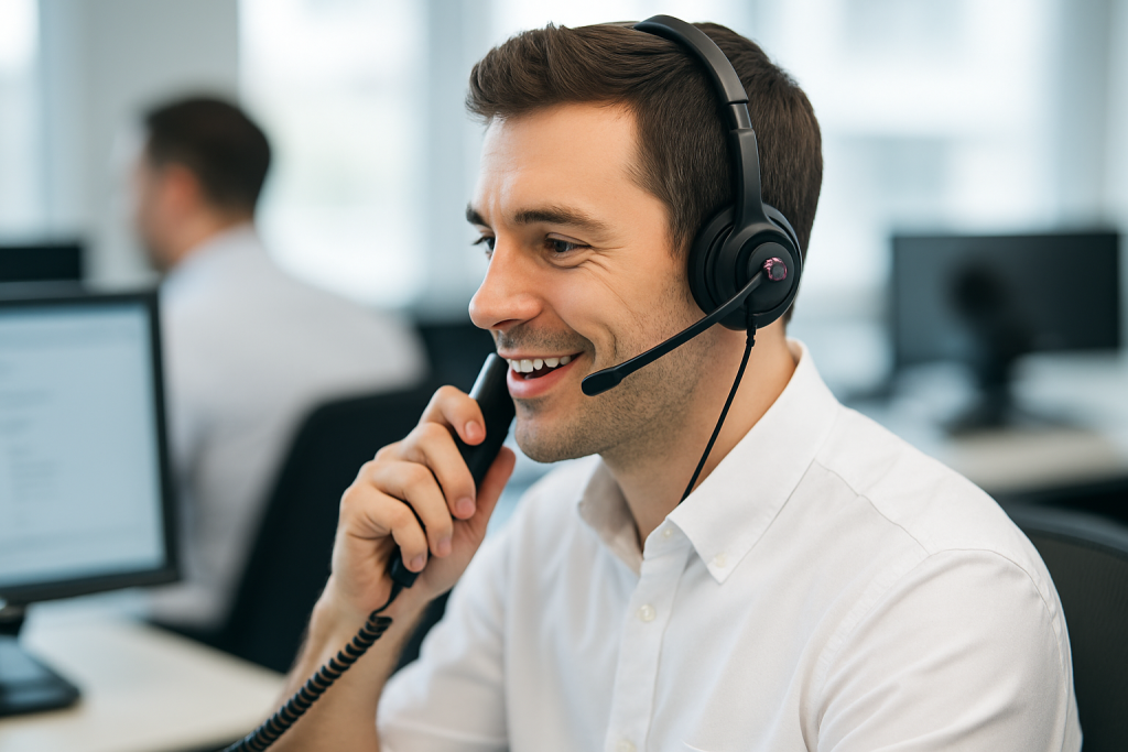 Man in headset at desk discussing cyber security, network firewall, and data security; monitors and coworker in modern office.