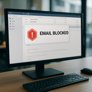 Computer monitor with inbox open, "Email Blocked" alert and red stop sign, symbolizing cyber security, firewall, and endpoint security. - Global IT, Compliance, and Security Computer monitor with inbox open, "Email Blocked" alert and red stop sign, symbolizing cyber security, firewall, and endpoint security.