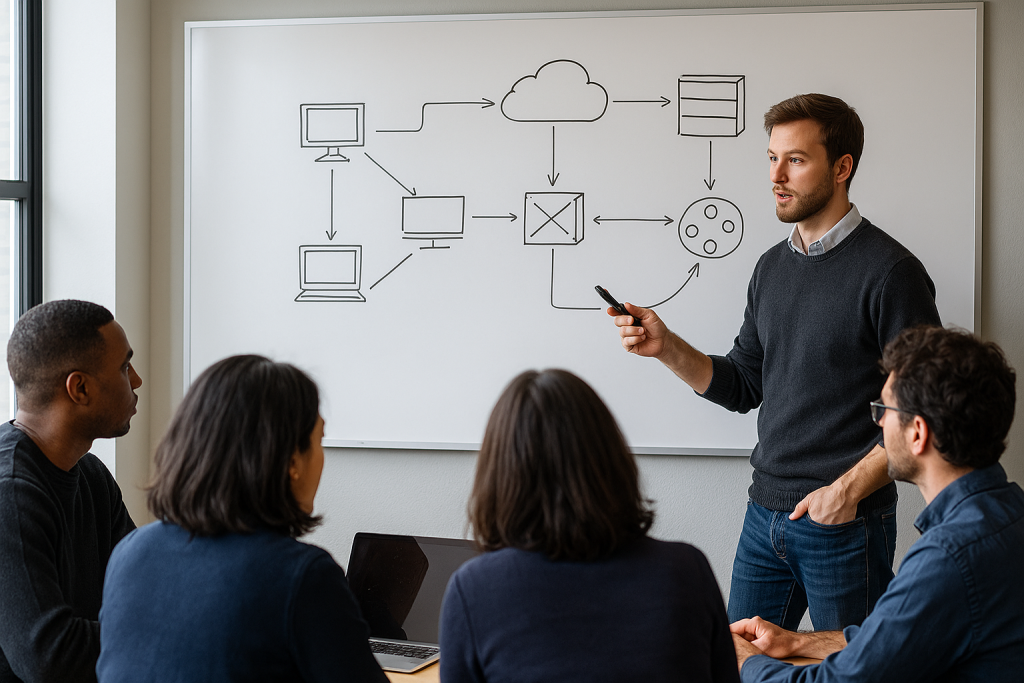 IT specialist presents a zero trust security flowchart with network firewall, data security, and cloud security icons to SME colleagues.