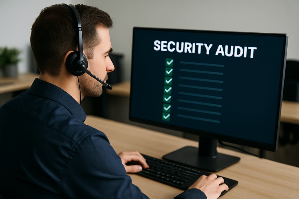IT support professional with headset at desk, reviewing "SECURITY AUDIT" checklist on screen; cyber security and firewall concepts shown.