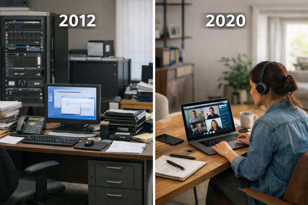Split image: 2012 cluttered desk with old security docs, bulky tech; 2020 woman on video call in secure, modern home office. Cybersecurity focus.