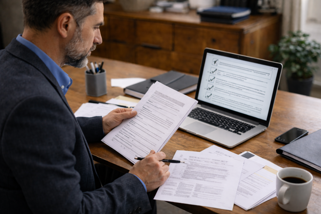 Businessman reviews documents at desk, laptop shows information security policy checklist for cybersecurity, network firewall, data compliance.