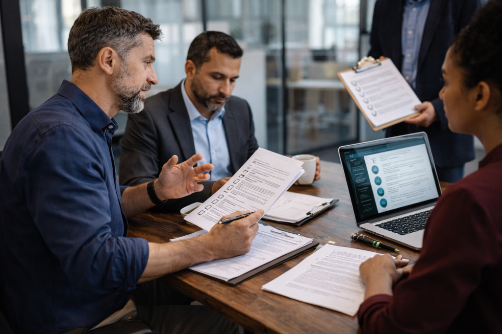 Four people discuss data security, IT support, and network firewall at a table with laptops and compliance documents in an office.