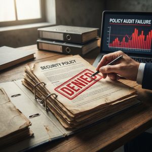 A hand with a pen over business documents in a folder, symbolizing cyber security, data compliance, and network firewall protection.
