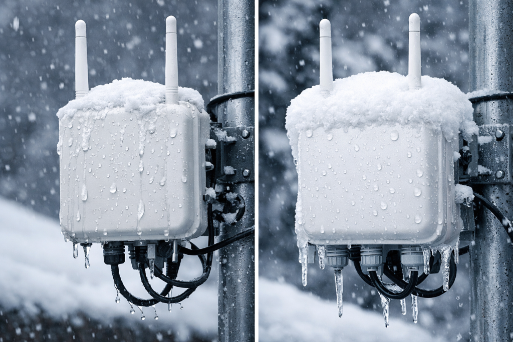 Close-up of network hardware outdoors: snow-covered comms box, cables, showing cyber security, firewall, data & cloud security risks.