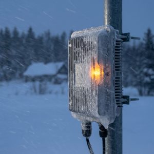 A metal network firewall box with orange light, iced over on a pole in snow, showing cyber security and data compliance in harsh weather.