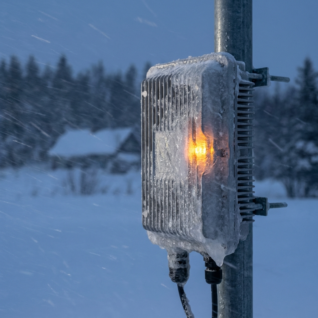 A metal network firewall box with orange light, iced over on a pole in snow, showing cyber security and data compliance in harsh weather.