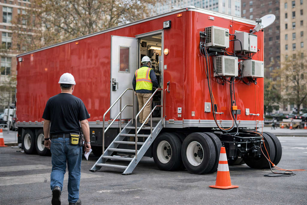 IT workers in safety gear enter a mobile network trailer on city street; cones set up for cyber security, firewall, and endpoint security.
