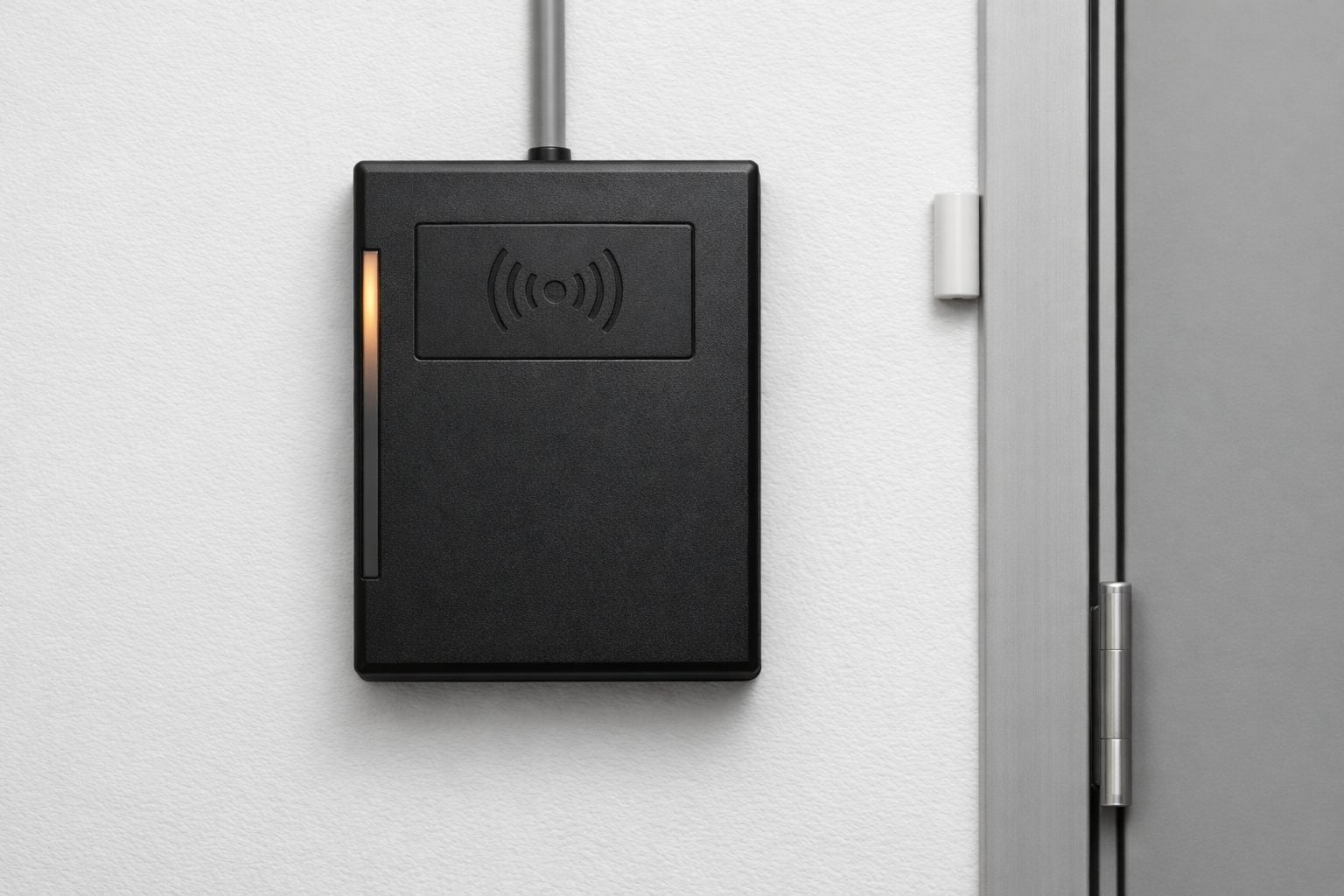 Wall-mounted black card reader with an orange indicator light, installed next to a door frame for access control