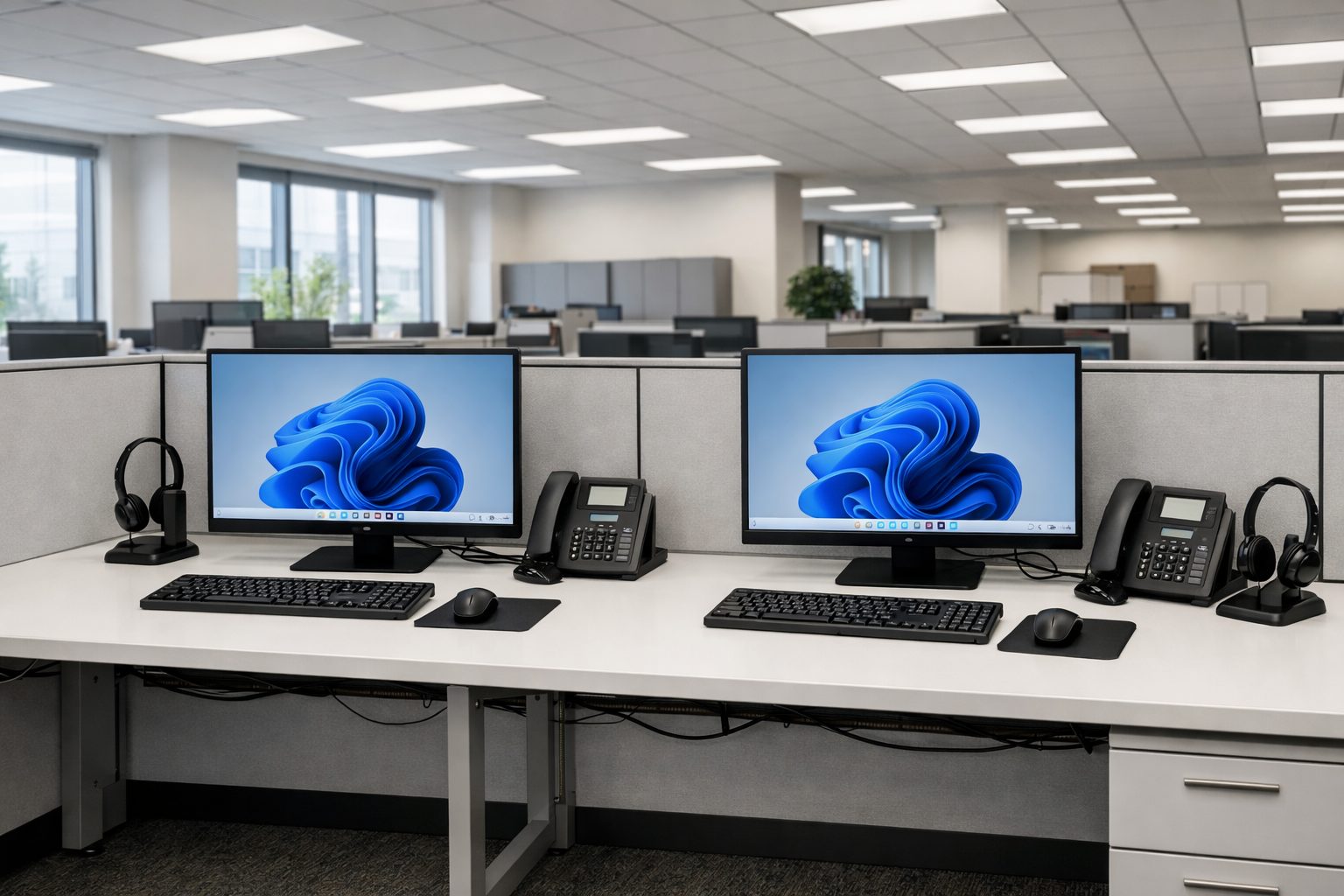 Two office workstations side by side in an open-plan space, each with a monitor, keyboard, mouse, headset, and phone.
