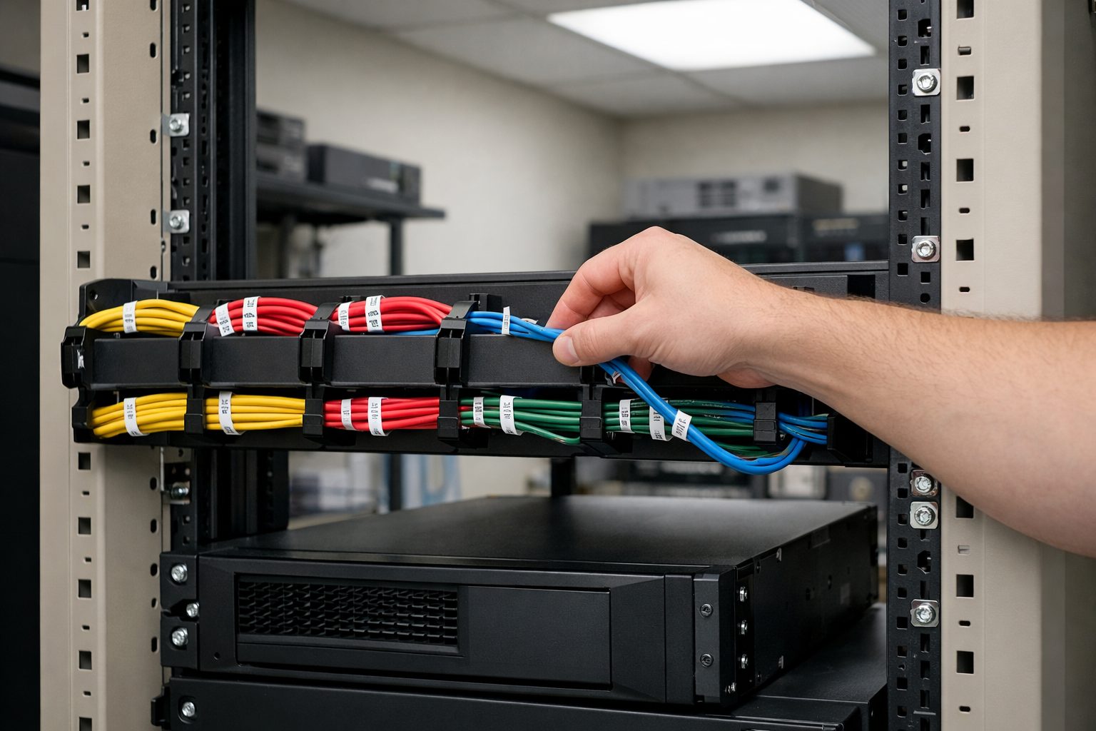 Managed IT services technician organizing structured cabling in server rack for Carrollton New York business