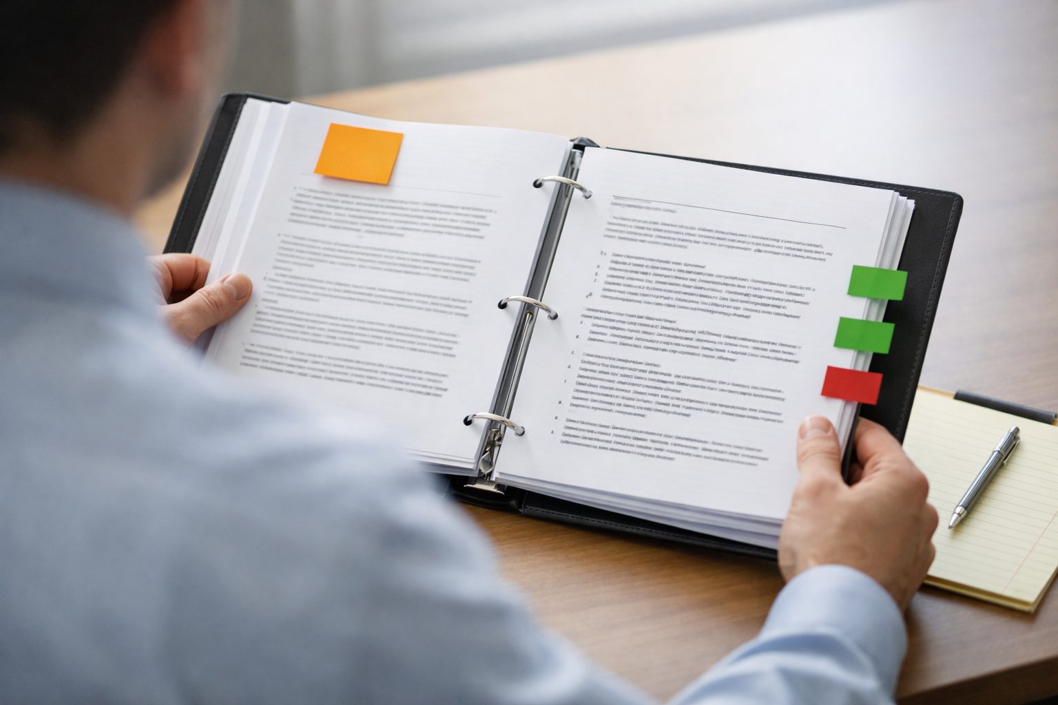 Person seated at a desk, flipping through a binder with printed pages and orange sticky note on the left page.
