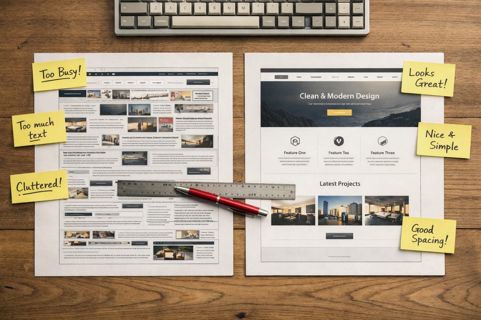 Website redesign comparison — printed before and after page layouts on designer desk