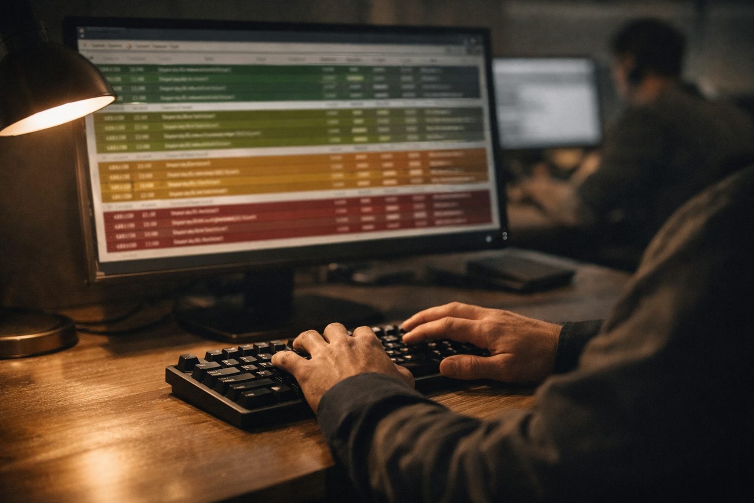 IT dispatcher hands on keyboard reviewing color-coded service ticket queue dashboard