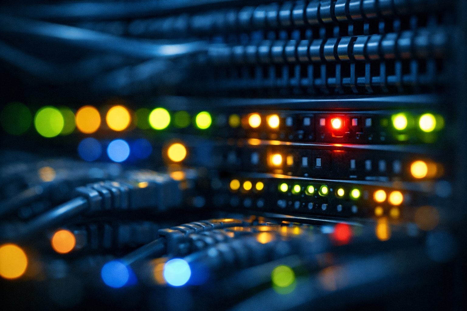 Server rack LED status indicators and structured cable management in a data center