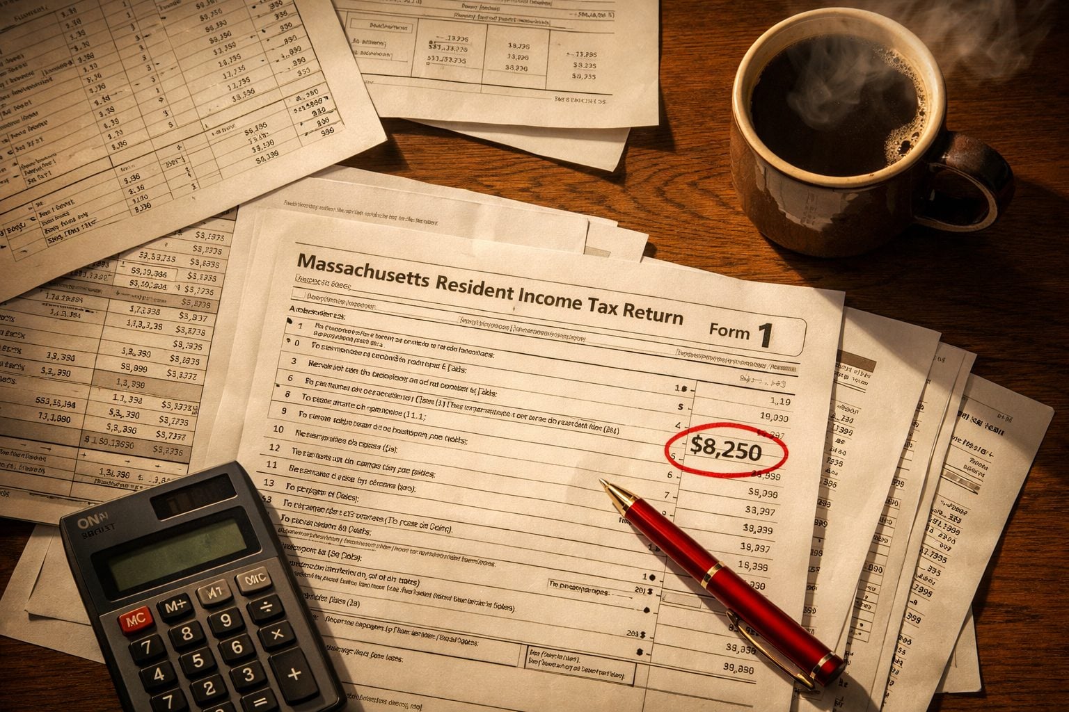 Tax documents with circled overpayment figure on business desk — financial discovery moment