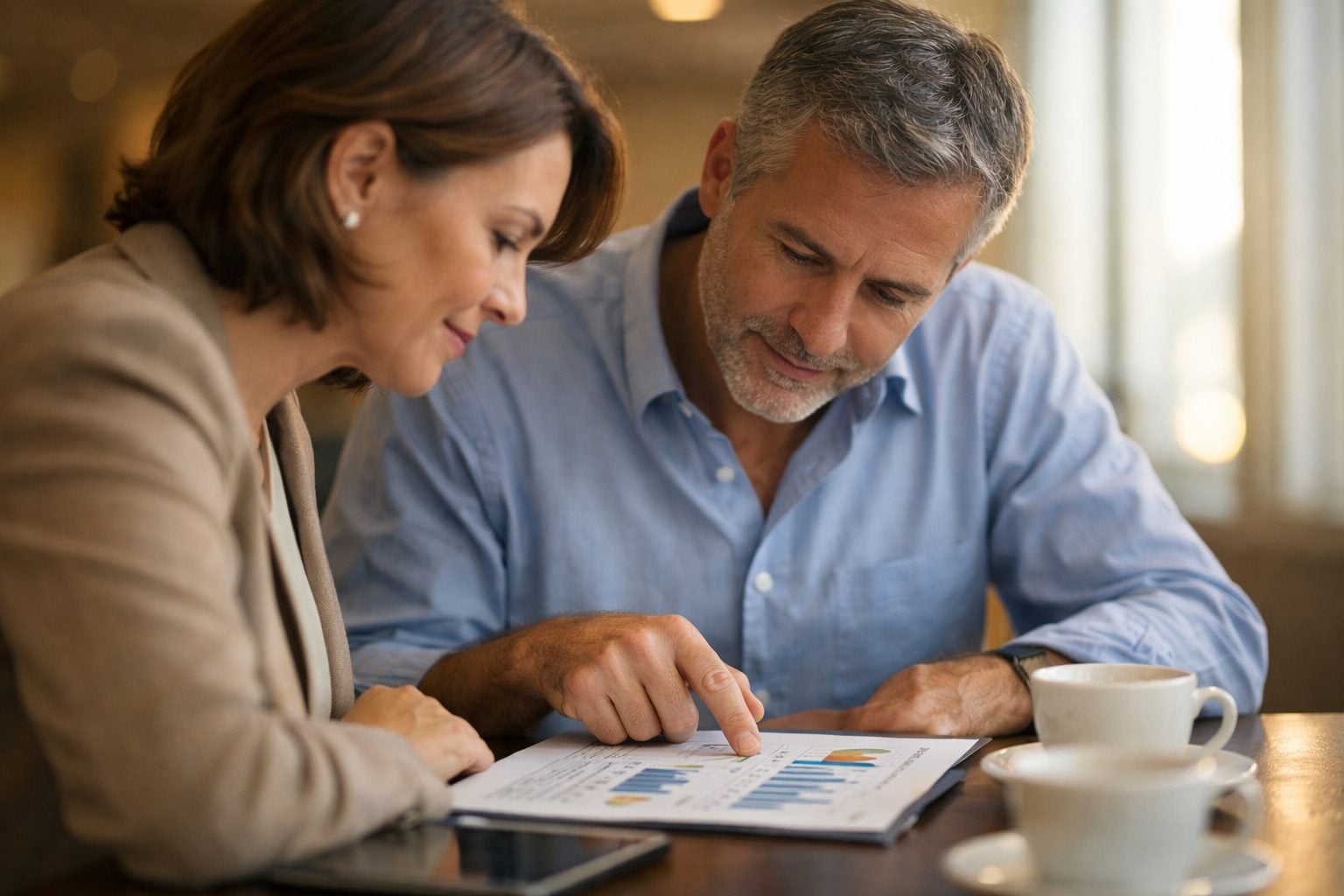 Business owner and IT consultant in candid side-profile conversation reviewing printed results