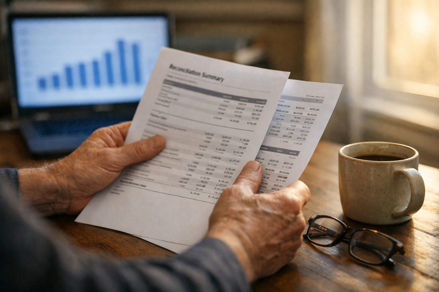 Small business owner's hands reviewing printed financial reconciliation report at morning desk