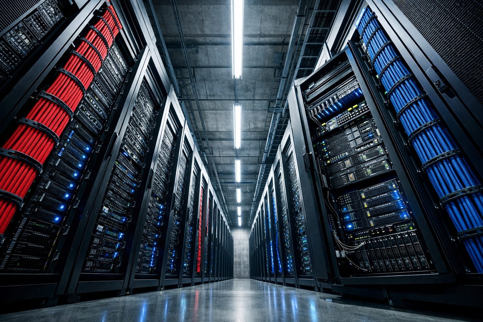 Low-angle view of server rack towers in data center with structured cable management