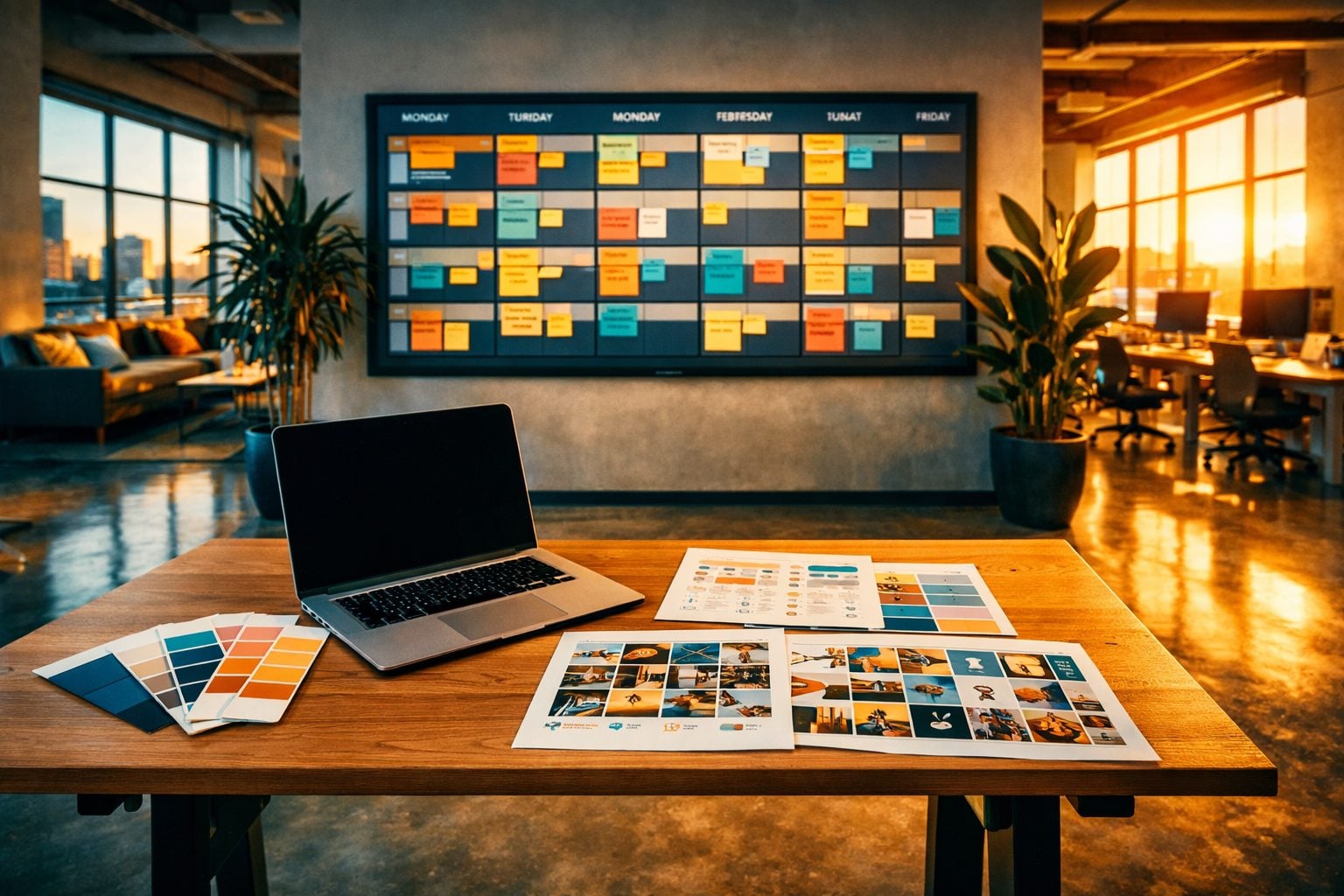 Creative agency workspace with content calendar wall display and branded desk materials
