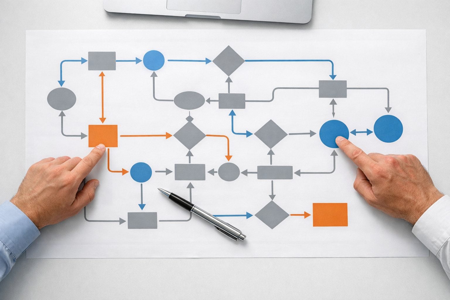 Two professionals pointing at printed workflow automation diagram on conference table