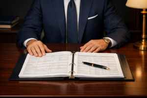 Business professional reviewing cyber insurance policy declarations at executive desk