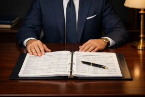 Man in a navy suit sits at a wooden desk with an open binder of documents and a gold-and-black pen nearby.