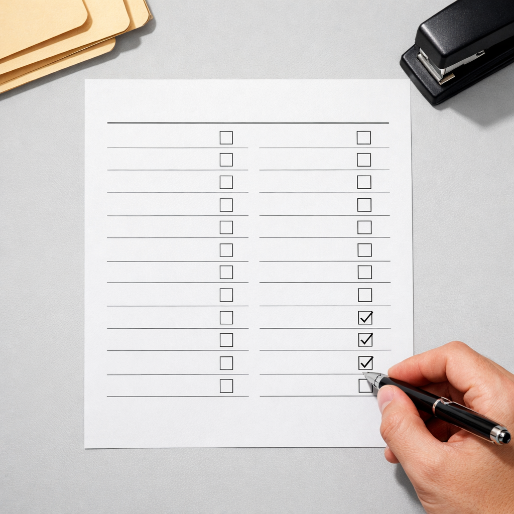 Overhead flat-lay of cyber insurance application checklist with pen marking items