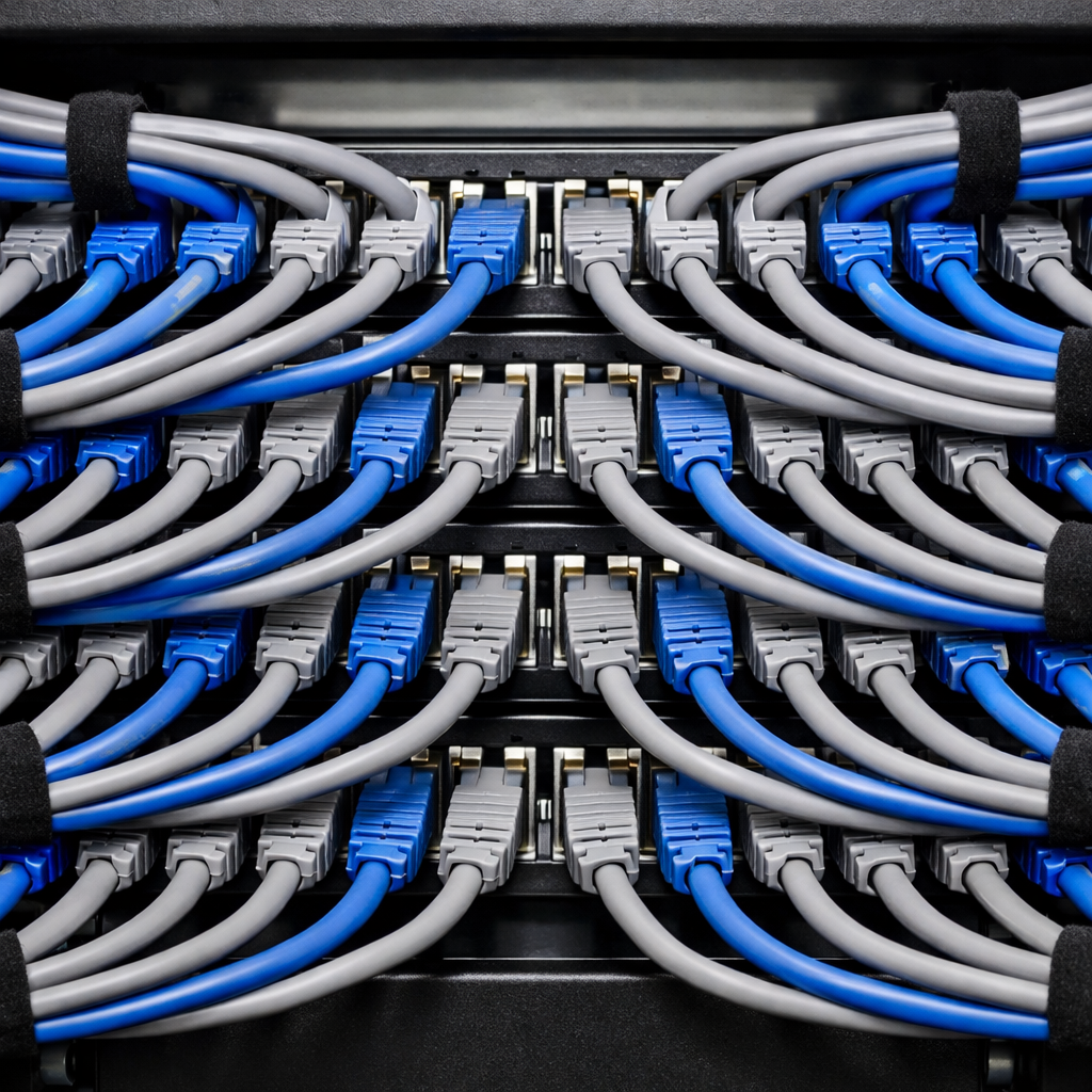 Close-up of server rack network patch panel representing IT security infrastructure for cyber insurance