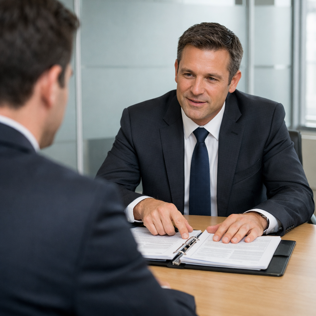 Two business professionals reviewing insurance compliance documents at conference table