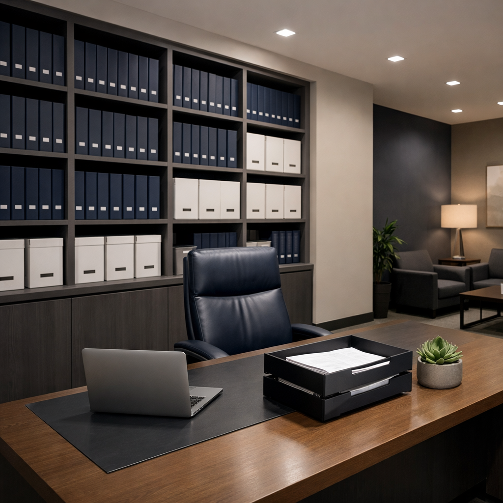 Wide shot of organized professional compliance office with structured filing system