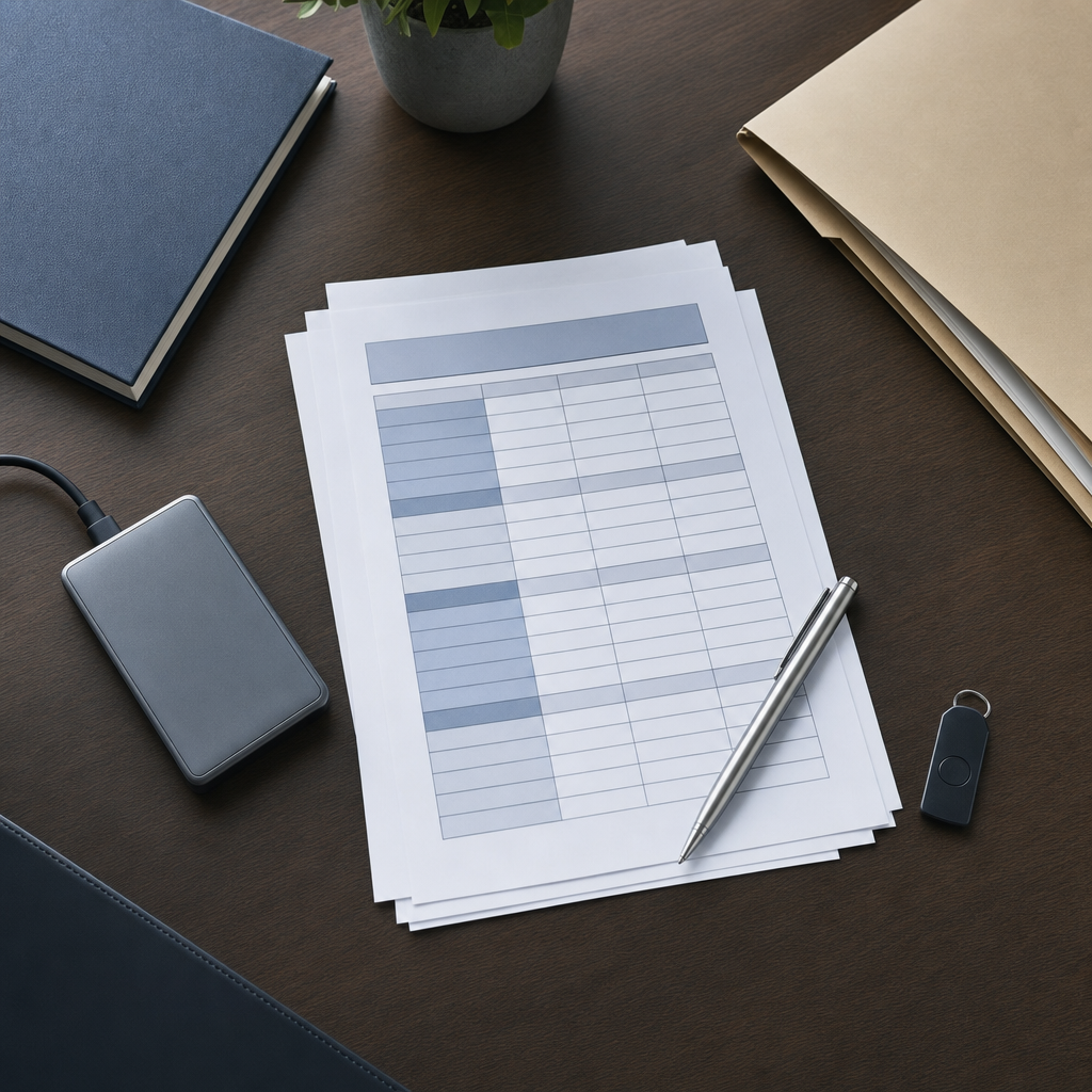 Overhead flat lay of compliance checklist encrypted drive and security token on desk