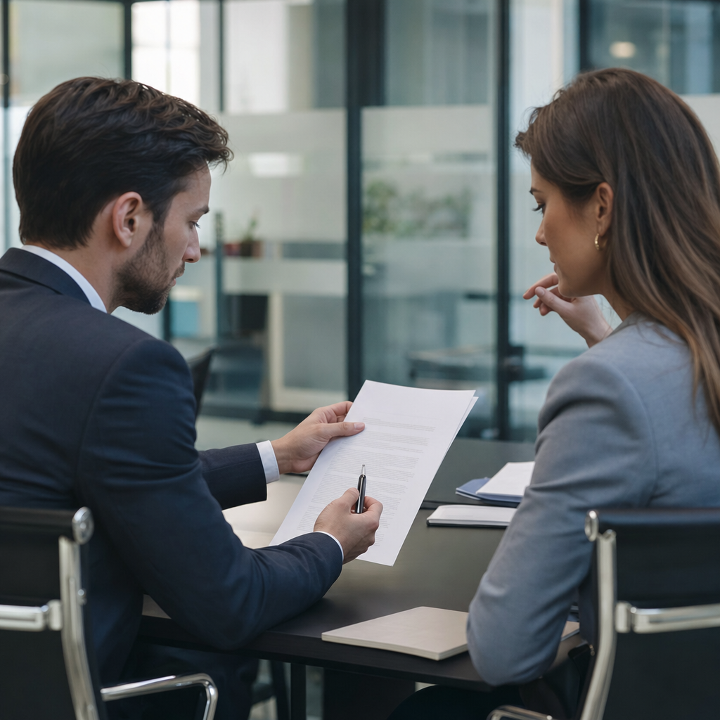 Two business professionals reviewing printed contract clauses in office boardroom