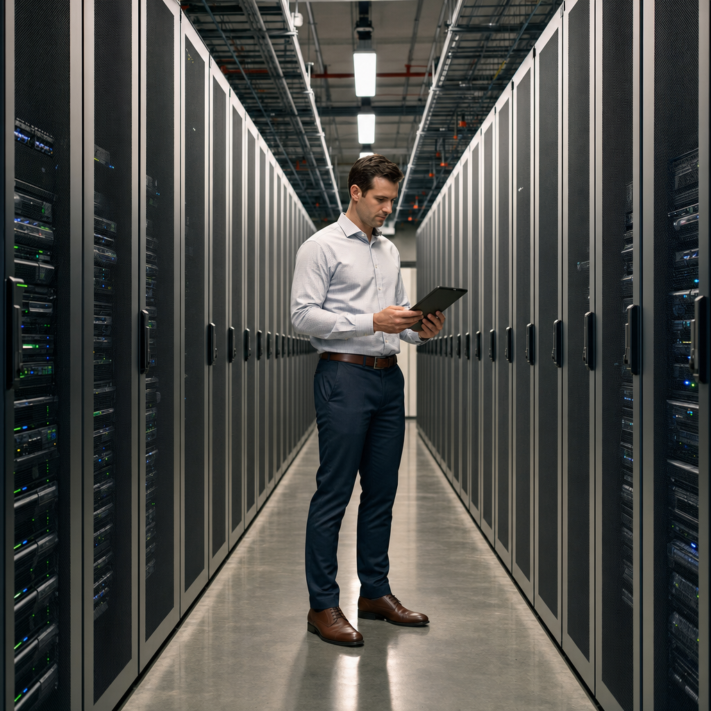 Network operations engineer with tablet in modern enterprise server room aisle