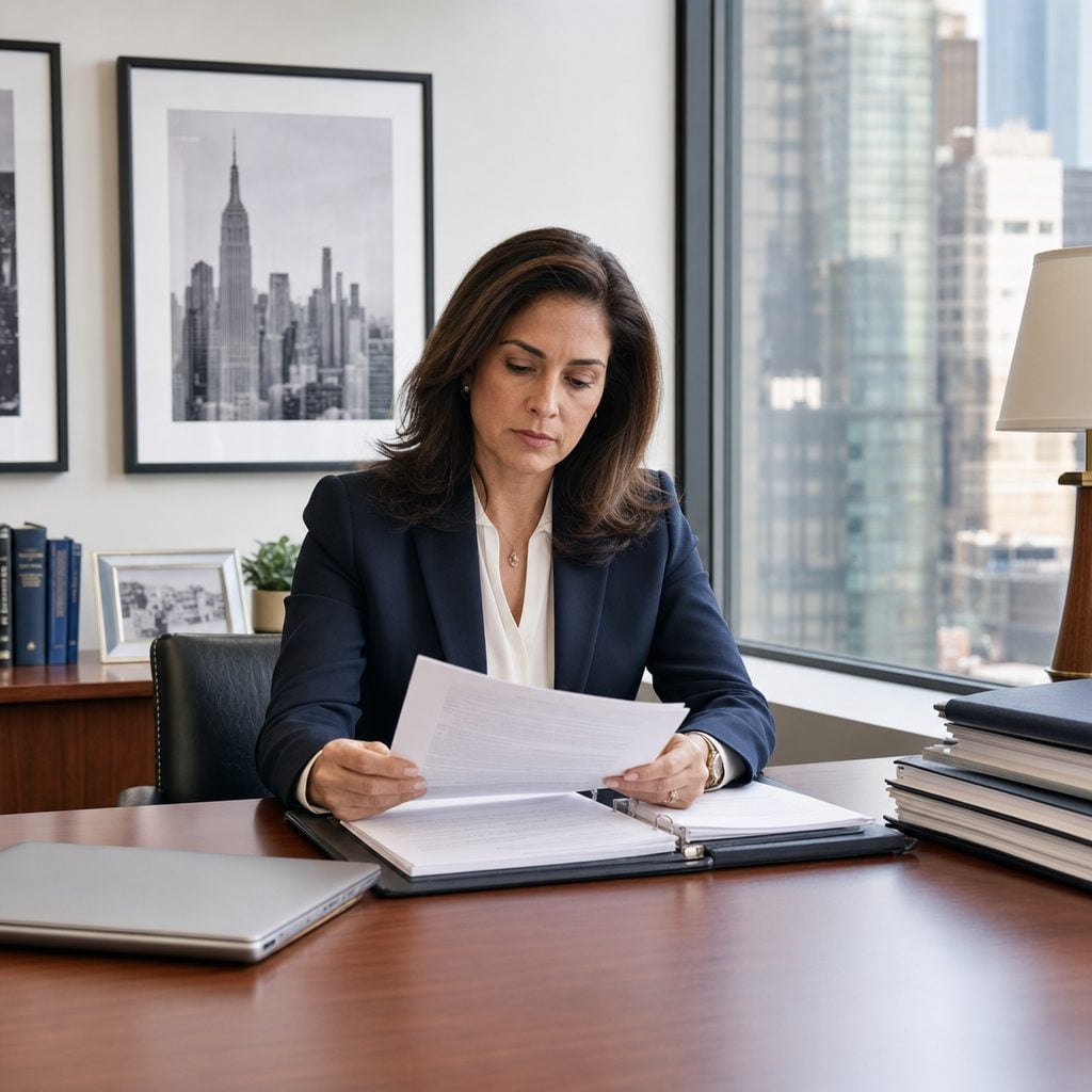 Compliance officer reviewing NY SHIELD Act and NYDFS cybersecurity documentation in a Manhattan office — Triton Technologies regulatory compliance.