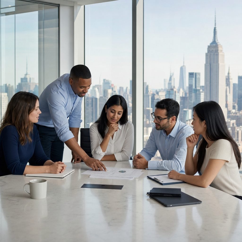 Diverse New York business team collaborating in a Manhattan high-rise conference room — managed IT services by Triton Technologies.
